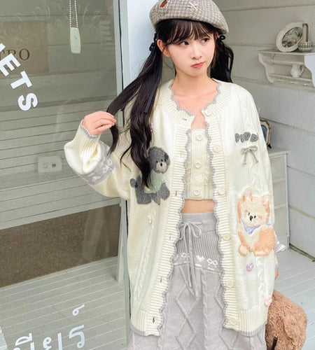 2025 Preppy Style Cartoon Embroidery Cardigans Y2k Aesthetic Women Contrast Color Patchwork Sweater Streetwear Kawaii Cute Coats