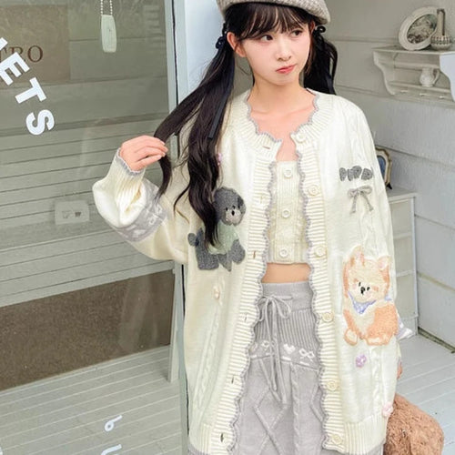 Load image into Gallery viewer, 2025 Preppy Style Cartoon Embroidery Cardigans Y2k Aesthetic Women Contrast Color Patchwork Sweater Streetwear Kawaii Cute Coats
