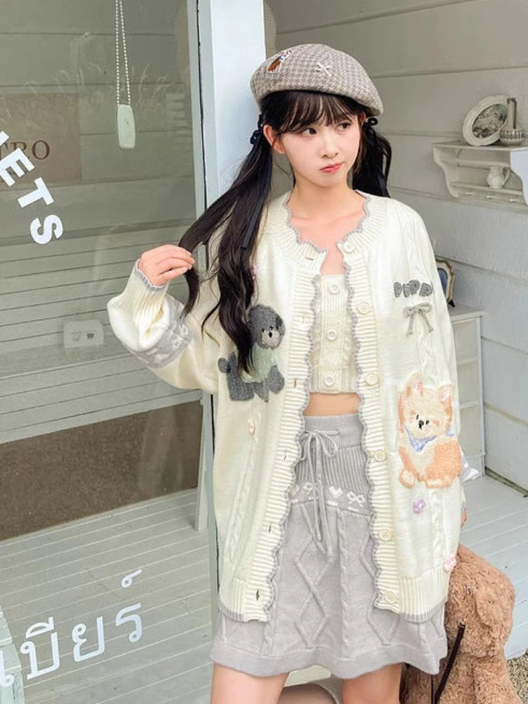 2025 Preppy Style Cartoon Embroidery Cardigans Y2k Aesthetic Women Contrast Color Patchwork Sweater Streetwear Kawaii Cute Coats