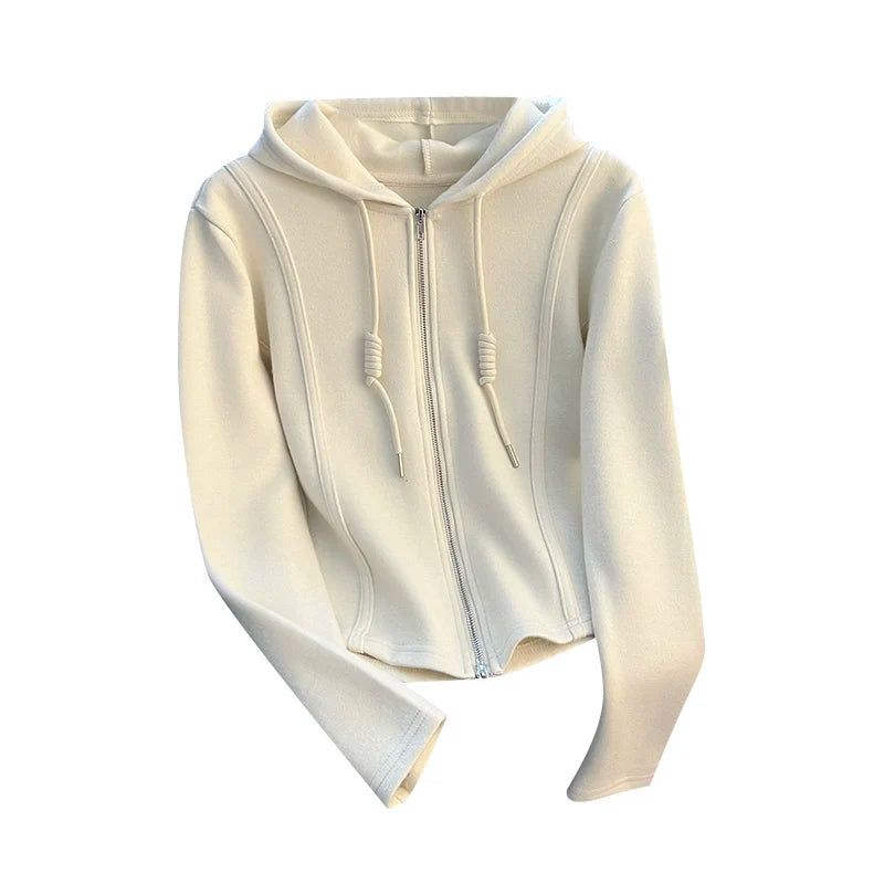 Korean Fashion Women's Black Beige Festival Hooded Zipper Sweatshirt Autumn Winter Retro Grey Long Sleeve Holiday Cardigan Tops