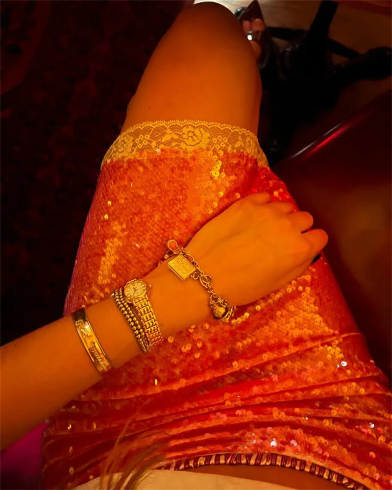 Sequin Summer Beach Sexy Skirt Women Elegant Sparkle High Waist A-line Skirts Female Pink Vacation Club Party Skirt