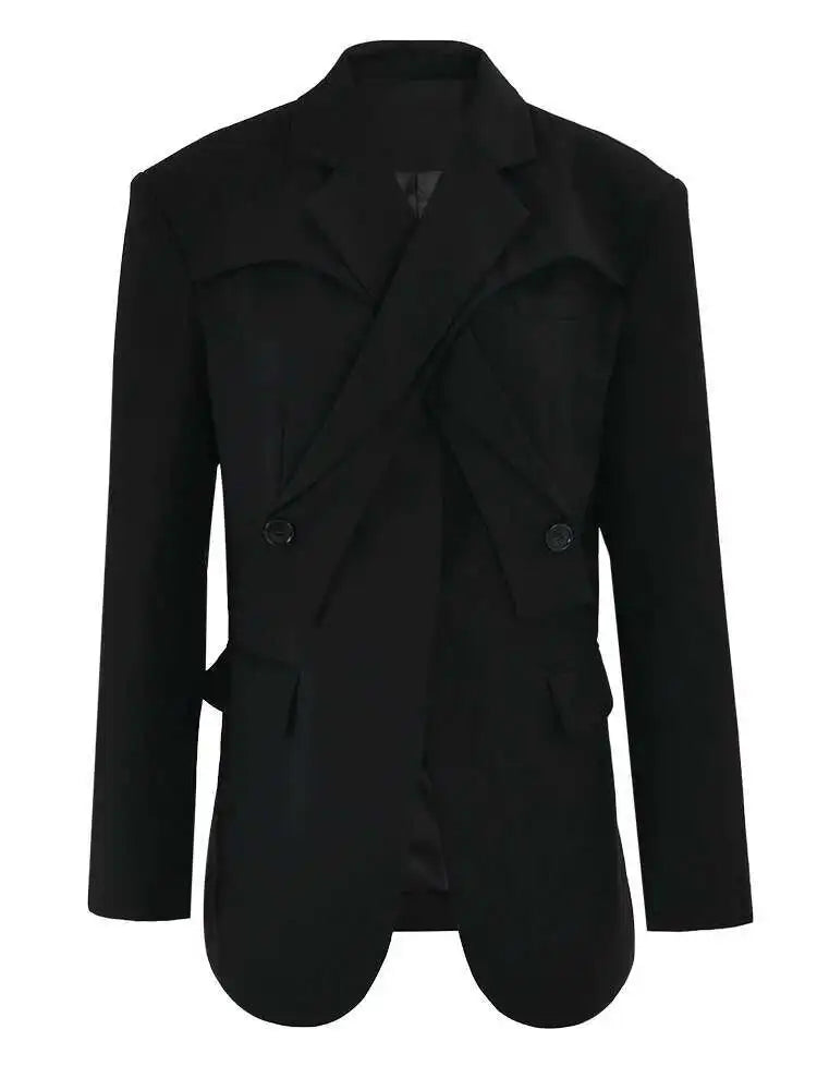 Women Black Button Corss Design Elegant Slim Blazer New Lapel Long Sleeve Jacket Fashion Tide Spring Autumn 2025 7AB1277