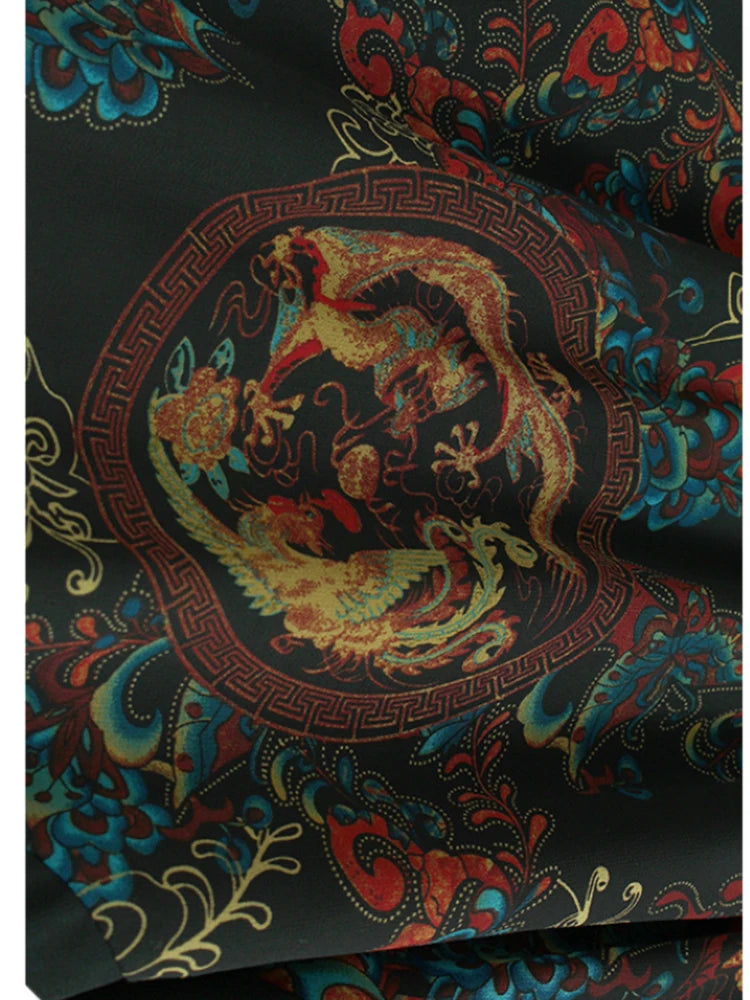 Women Black Pattern Printed Big Size Midi Dress New Round Neck Short Sleeve Fashion Tide Spring Summer 2025 1DJ0298