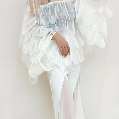 Load image into Gallery viewer, Solid Sheer Spliced Ruffles Folds Fashion Blouses for Women Round Neck Long Sleeves Elegant Blouse Female Clothing
