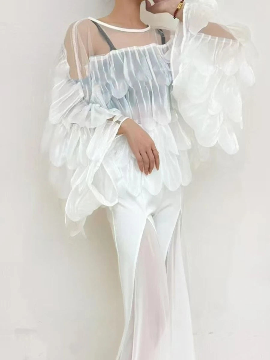 Solid Sheer Spliced Ruffles Folds Fashion Blouses for Women Round Neck Long Sleeves Elegant Blouse Female Clothing