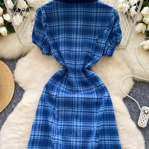 Load image into Gallery viewer, Summer College Style Retro Blue Plaid Festival Short Sleeved Dress Women's Elegant Single Breasted Slim Short Dress Popular Chic

