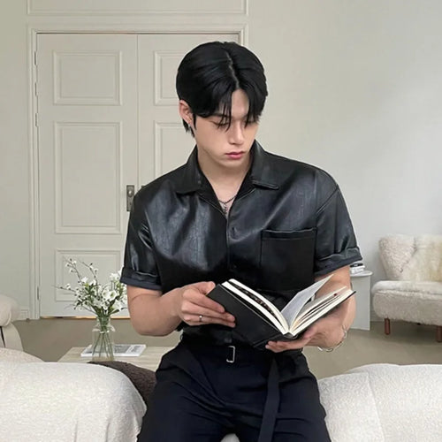 Load image into Gallery viewer, PU Leather Men's Short Sleeve Shirt Summer Korean New Chic Male Shirt Korean Handsome Lapel Loose Trendy Top 9W1628
