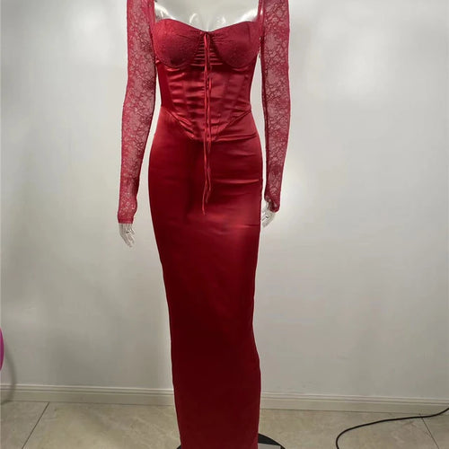 Load image into Gallery viewer, Backless Long Sleeve Sexy Maxi Dress For Women Solid Square Collar Lace-up Back Split Bodycon Club Long Dress Elegant
