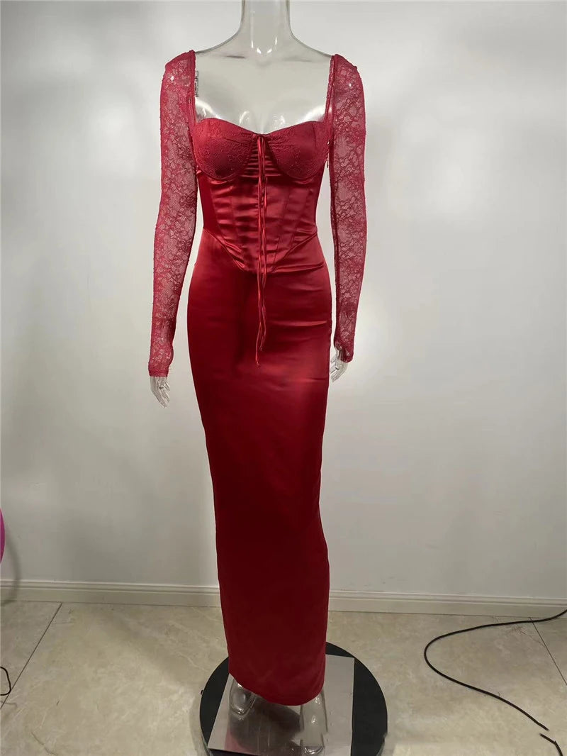 Backless Long Sleeve Sexy Maxi Dress For Women Solid Square Collar Lace-up Back Split Bodycon Club Long Dress Elegant