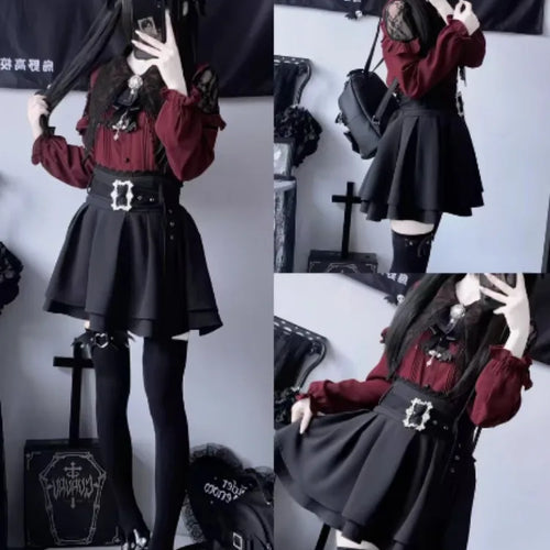 Load image into Gallery viewer, Japanese Kawaii Lolita Shirt Women Y2k Aesthetic Lace Patchwork Bandage Blouse Harajuku Sweet Cute Ruffle Bow Tops Blusas Cute
