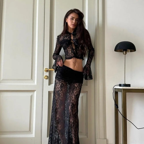 Load image into Gallery viewer, Sexy Lace Patchwork Tie Up Two-piece Set Women Flared Sleeves Perspective Slim Set Female Spring/summer Party Clubwear
