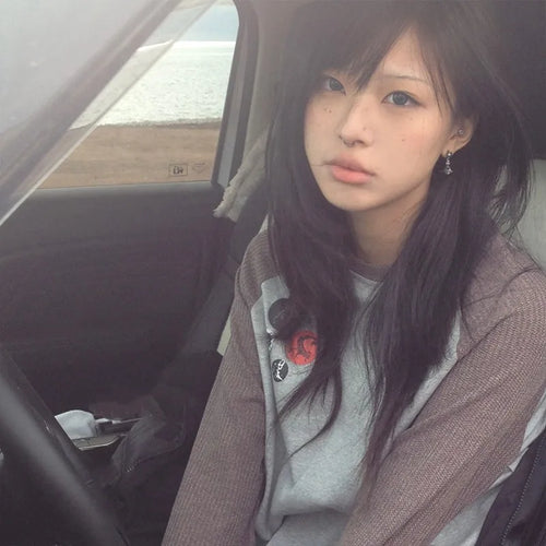 Japanese Y2k Patchwork T-shirt Vintage 2000s Style Knitted Tops 90s Harajuku Long Sleeve Ribbed T Shirt American Retro