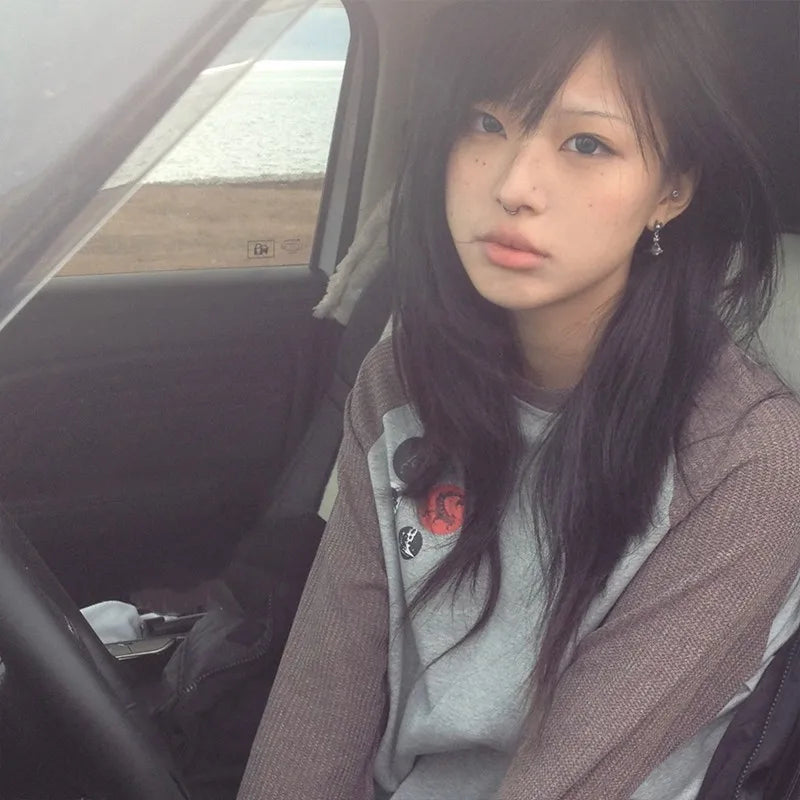 Japanese Y2k Patchwork T-shirt Vintage 2000s Style Knitted Tops 90s Harajuku Long Sleeve Ribbed T Shirt American Retro