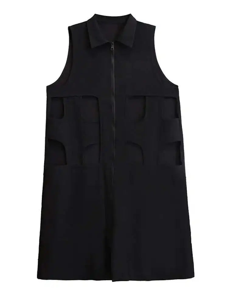 Women Black Hollow Out Zipper Big Size Midi Vest Dress New Lapel Sleeveless Fashion Tide Spring Autumn 2025 1DH6870