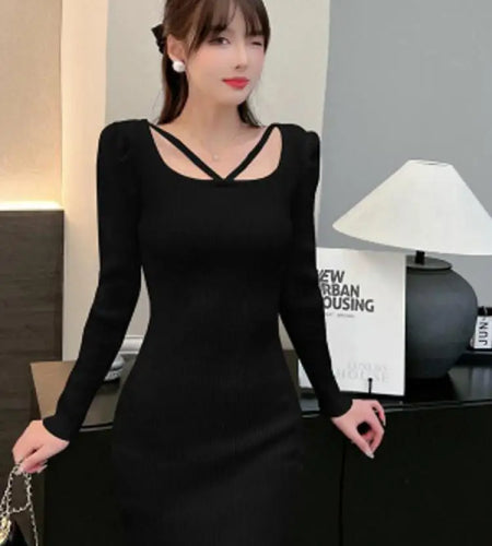 French Fashion Women Black Elegant Festival Hollow Out Knit Dress Autumn White Long Sleeve Slim Wrap Hip Short Dress Ladies Chic