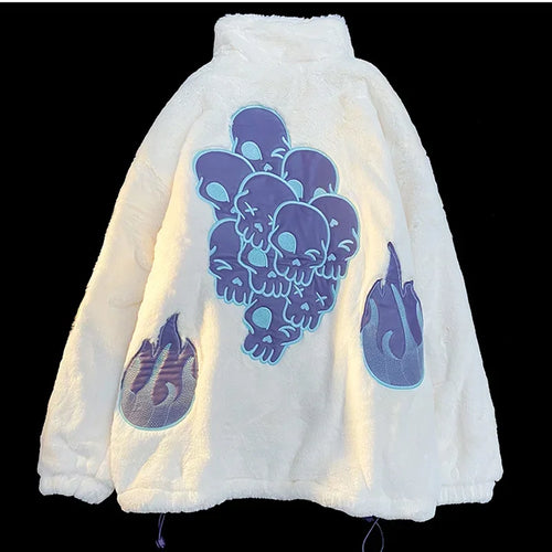 Load image into Gallery viewer, Korean Autumn Winter Women Y2k Jackets Coats 2025 Harajuku Lamb Woolen Coat Skull Embroidery Casual Loose Outwear
