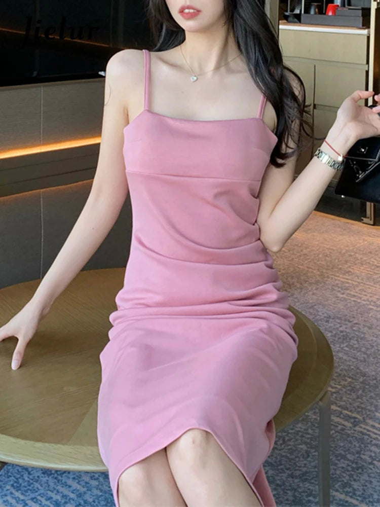 Pink Strapless A-line Women's Dresses High Street Slim Waist Pure Color Tight Hip Sexy Female Dress Elegant Party Dress