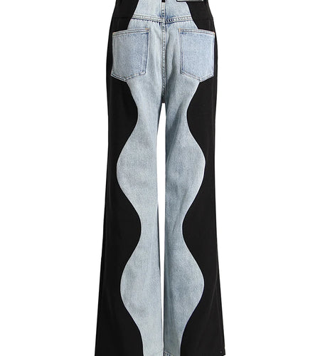 High Waist Blue Denim Long Color-block Wave Wide Leg Jeans New Loose Women Trousers Fashion Spring Autumn 2025 1DE9731