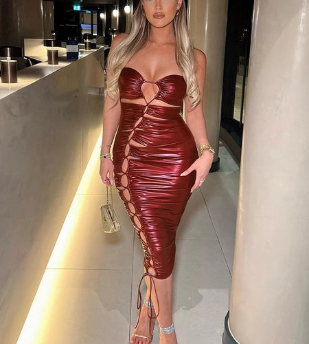 Faux Leather Strapless Solid Hollow Out Shirring Lace Up Sexy Midi Dress 2023 Summer Women Elegant Party Club Clothes