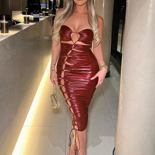 Load image into Gallery viewer, Faux Leather Strapless Solid Hollow Out Shirring Lace Up Sexy Midi Dress 2023 Summer Women Elegant Party Club Clothes
