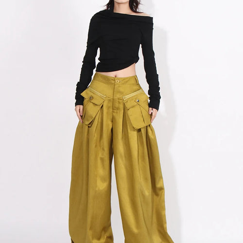 Load image into Gallery viewer, Patchwork Pockets Streetwear Floor Length Trousers For Women High Waist Solid Casual Loose Wide Leg Pants Female Fashion
