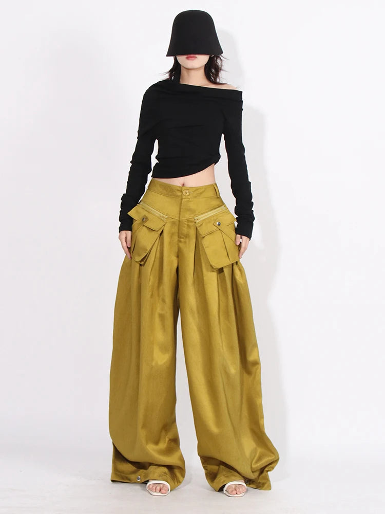 Patchwork Pockets Streetwear Floor Length Trousers For Women High Waist Solid Casual Loose Wide Leg Pants Female Fashion