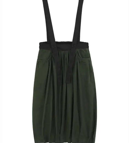 High Elastic Waist Black Green Color-block Pleated Strap Half-body Skirt Women Fashion Tide New Spring Autumn 2025 1DH9289