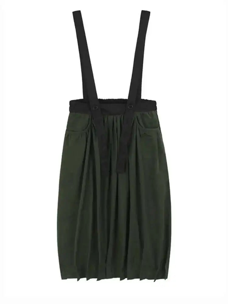 High Elastic Waist Black Green Color-block Pleated Strap Half-body Skirt Women Fashion Tide New Spring Autumn 2025 1DH9289