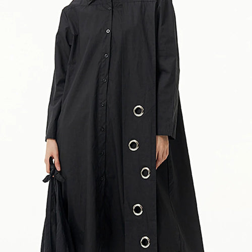Load image into Gallery viewer, Women Black Metal Circle Irregular Hem Big Size Shirt Dress New Lapel Long Sleeve Fashion Tide Spring Autumn 2025 1DJ0883
