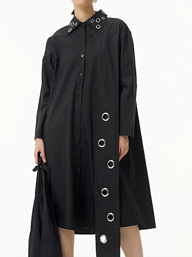 Women Black Metal Circle Irregular Hem Big Size Shirt Dress New Lapel Long Sleeve Fashion Tide Spring Autumn 2025 1DJ0883
