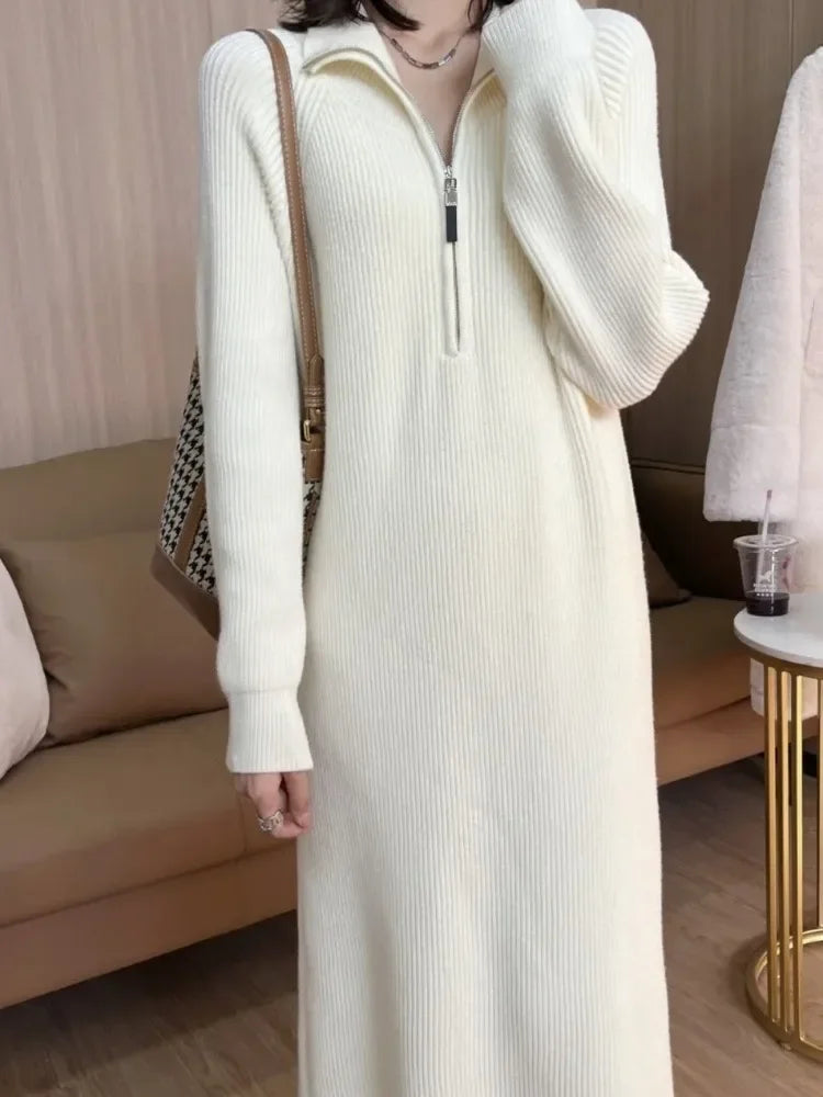 Autumn Knitted Sweater Warm Dress Women Korean Zip Oversize Vintgae Casual Loose Elegant Long Sleeve Midi Dresses