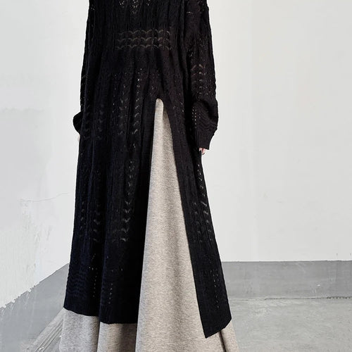 Load image into Gallery viewer, Women Black Big Size  Hollow Out Long Sweater Dress New Round Neck Long Sleeve Fashion Tide Spring Autumn 2025 1DJ0404
