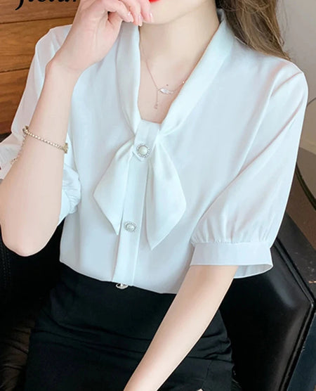 Bow Puff Sleeve Summer Women Shirt Solid Color New Chic Buttons Fashion Female Shirts Korean Style Elegant Office Lady