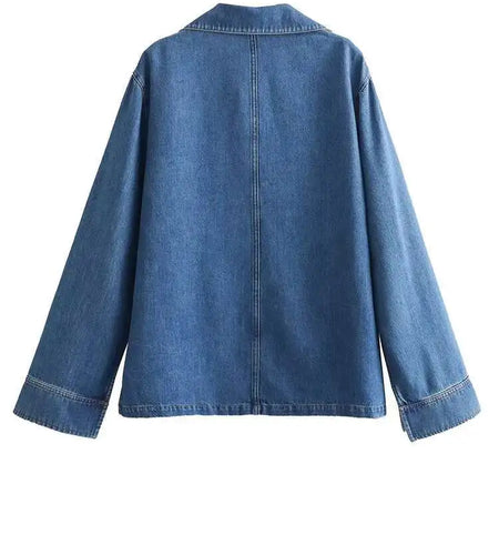 Big Size Blue Denim Shirt Wide Leg Pants Two Piece Suit New Lapel Long Sleeve Women Fashion Spring Autumn 2025 1DH6390