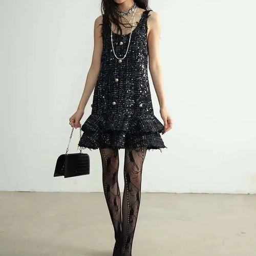 Load image into Gallery viewer, Women Black Sequins Tassels Ruffles Mini Elegant Dress New Round Neck Sleeveless Fashion Tide Spring Autumn 2025 1DH8269
