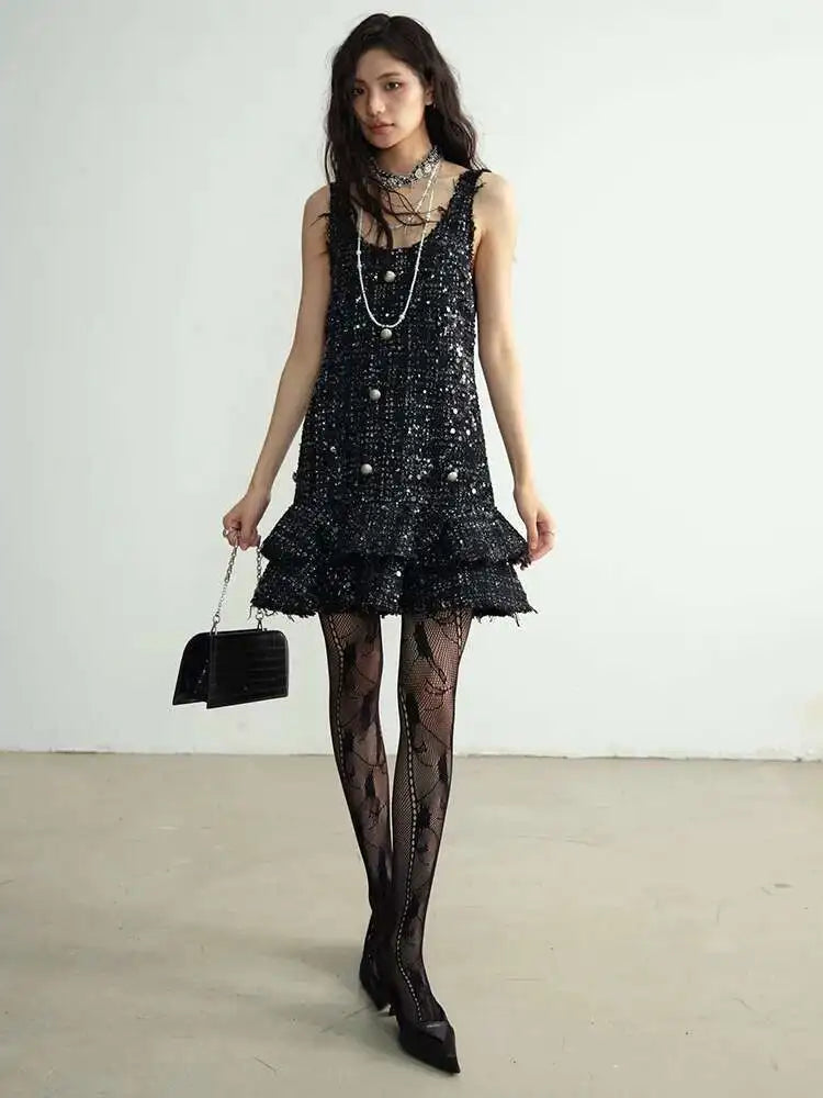 Women Black Sequins Tassels Ruffles Mini Elegant Dress New Round Neck Sleeveless Fashion Tide Spring Autumn 2025 1DH8269
