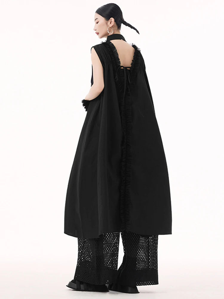 Women White Mesh Color-block Backless Big Size Shirt Dress New Lapel Sleeveless Fashion Tide Spring Summer 2025 1DH9518