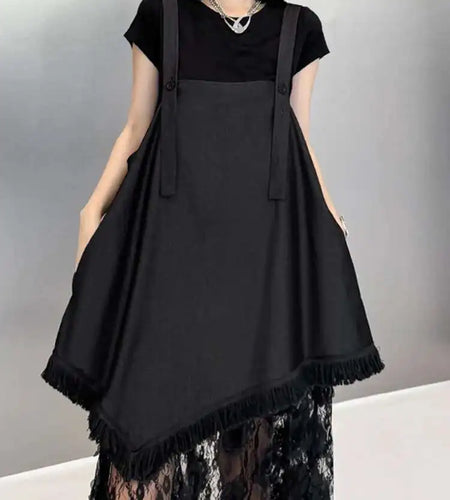 Women Black Hem Lace Denim Elegant Big Size Strap Dress New Square Collar Sleeveless Fashion Spring Autumn 2025 1DH6630