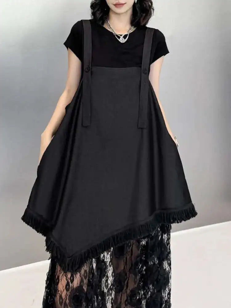Women Black Hem Lace Denim Elegant Big Size Strap Dress New Square Collar Sleeveless Fashion Spring Autumn 2025 1DH6630