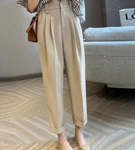 French Spring Summer Women Temperament Office Black Beige Brown High Waist Pleated Straight Ankle-length Harlan Pants Oversized