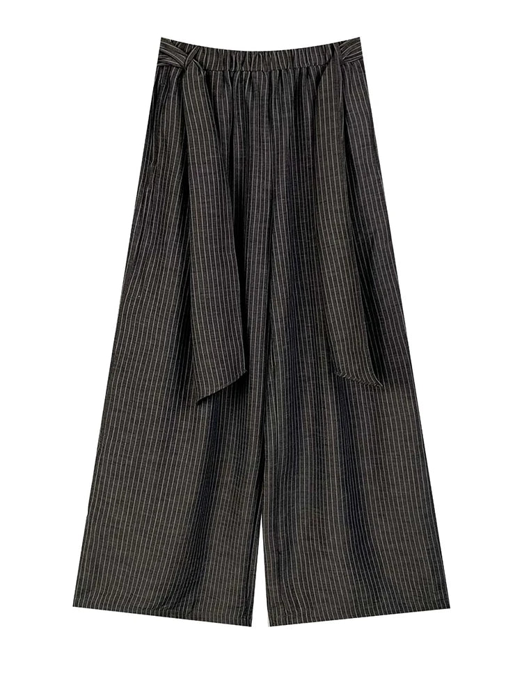 High Elastic Waist Gray Striped Bandage Casual Wide Leg Pants New Trousers Women Fashion Tide Spring Autumn 2025 1DJ1492
