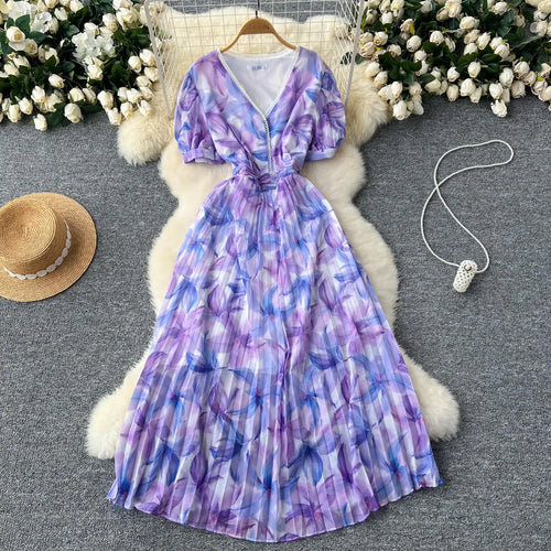 Load image into Gallery viewer, French Retro Romantic Women's Elegant Print V-neck Short Sleeved Pleated Long Dress Summer Vacation Party Evening Dress Bohemian
