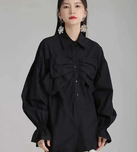 Women White Big Size Bow Elegant Long Blouse New Lapel Long Flare Sleeve Shirt Fashion Tide Spring Autumn 2025 1DH4000