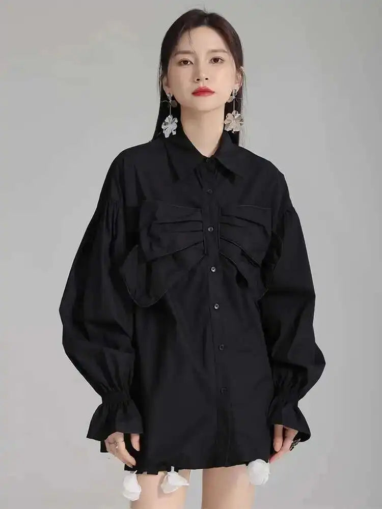 Women White Big Size Bow Elegant Long Blouse New Lapel Long Flare Sleeve Shirt Fashion Tide Spring Autumn 2025 1DH4000