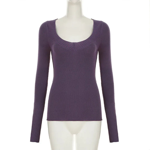 Load image into Gallery viewer, 2025 Harajuku Purple Knitted Autumn T-shirts Women Y2k Aesthetic Bodycon Grunge Tees Vintage A Deep V-Neck Sexy Fairy Tshirt
