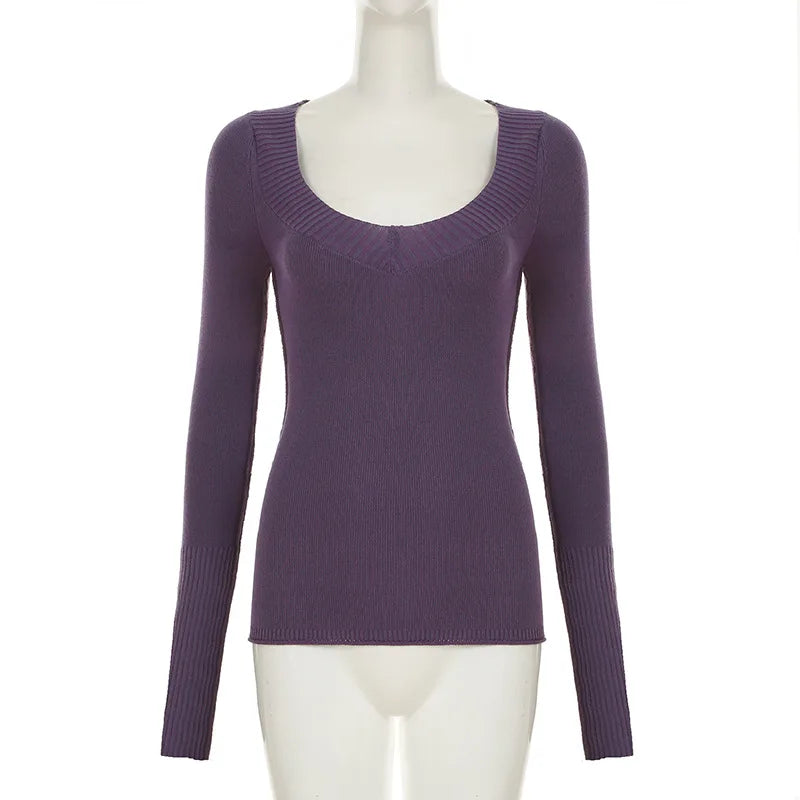 2025 Harajuku Purple Knitted Autumn T-shirts Women Y2k Aesthetic Bodycon Grunge Tees Vintage A Deep V-Neck Sexy Fairy Tshirt