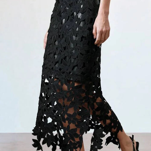 Load image into Gallery viewer, Solid Hollow Out Spliced Flower Two Piece Sets for Women Round Neck Short Sleeves Blouse High Waist Skirt Set Female
