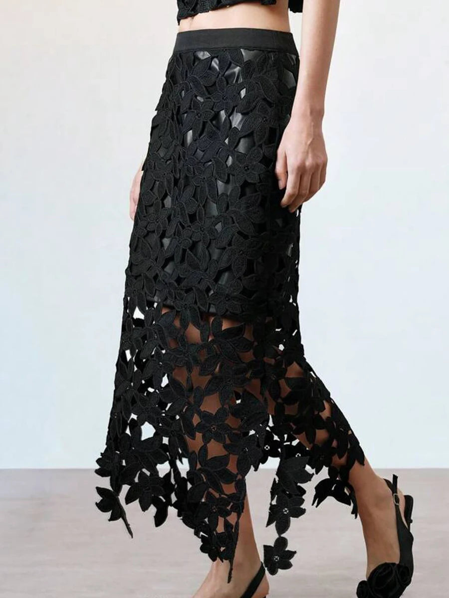 Solid Hollow Out Spliced Flower Two Piece Sets for Women Round Neck Short Sleeves Blouse High Waist Skirt Set Female