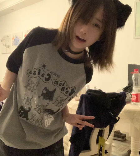 Woman Tshirts Cat Print Summer Camisetas O-neck Short Sleeve Tees 2024 Ropa Mujer Cute Y2k Tops Casual Fashion Korean T-shirt