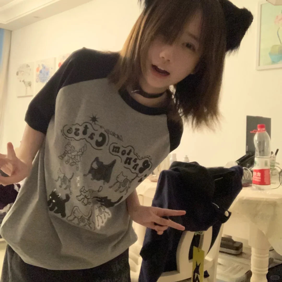 Woman Tshirts Cat Print Summer Camisetas O-neck Short Sleeve Tees 2024 Ropa Mujer Cute Y2k Tops Casual Fashion Korean T-shirt
